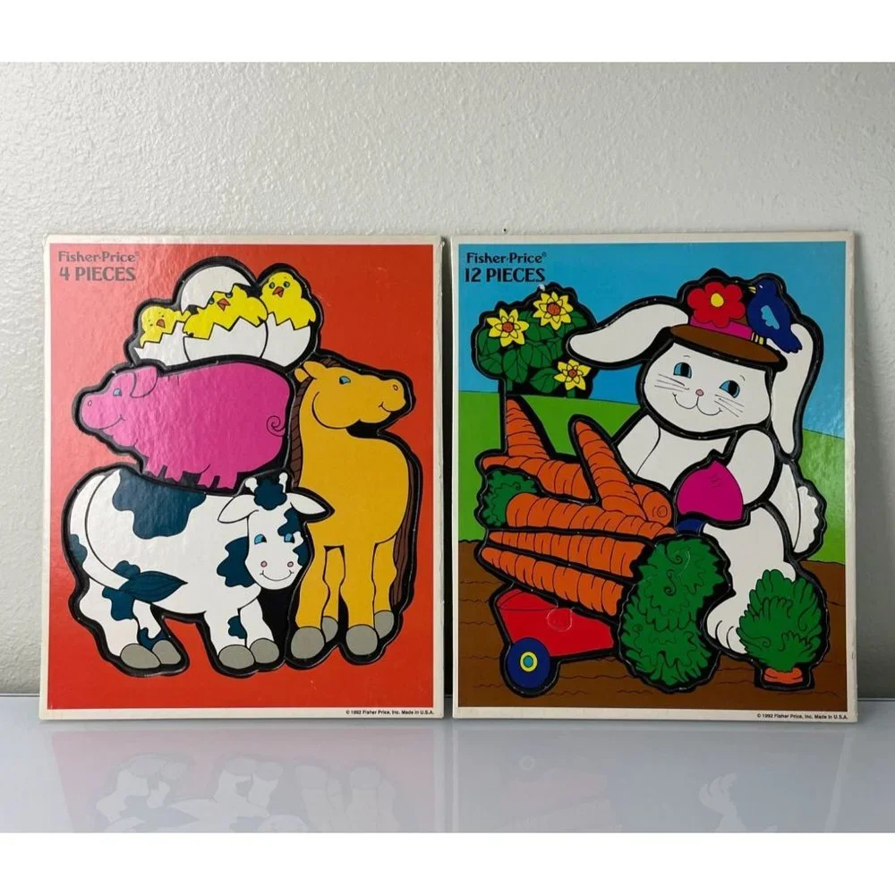 Vintage 1992 Fisher Price Farm Animals Bunny Cow Horse Beginner Puzzles, Toy